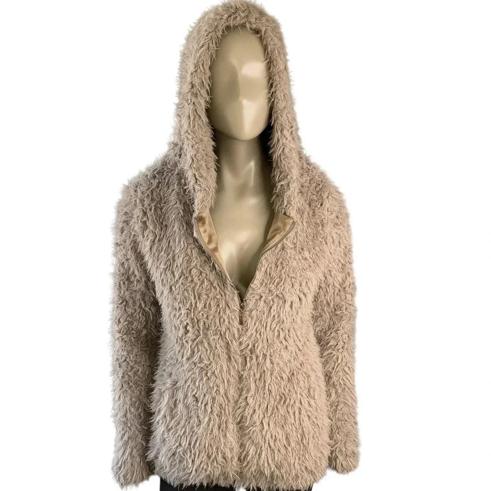 COUNTESS Faux Fur Fuzzy Zip Up Hooded Pea Coat Jacket Taupe Women Size M